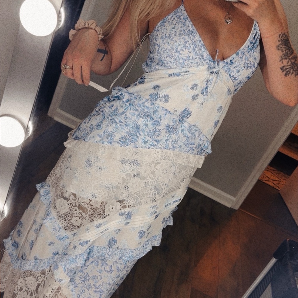 For Love And Lemons Blue and White Halter Maxi Sundress